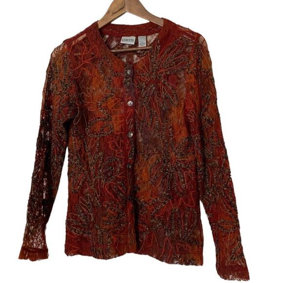 Chico's Sheer Lace Button Up Blouse Womens Sz S Fairy Grunge Goblincore Artsy - Picture 1 of 8